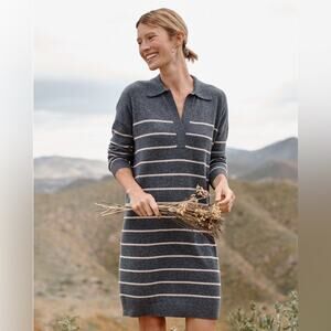 NWT Garnet Hill Frida 100% Cashmere Gray Striped Long Sleeve Polo Dress Size Med